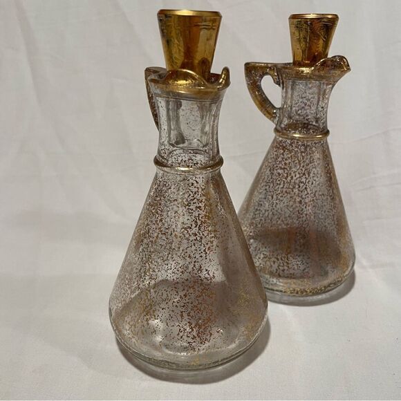 Hazel Atlas MCM vintage gold speckled glass set of 2 oil and vinegar cruets - Picture 5 of 10